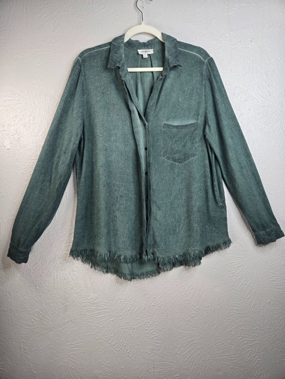Linen Blend Button M Green Distressed‎ Fringe Long Sleeve Shirt Grunge Lagenlook